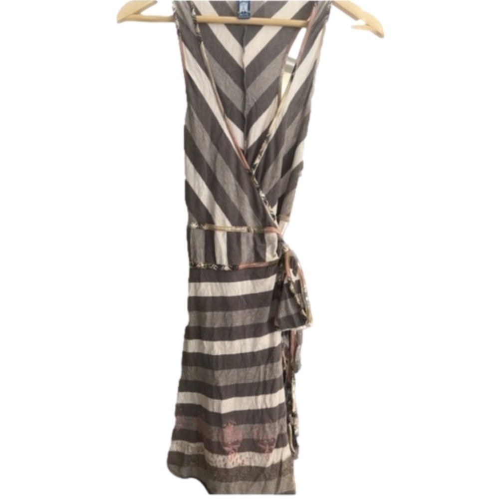 NWOT Free People Gray White Striped and Pink Floral Wrap Print Hippie Wrap Dress